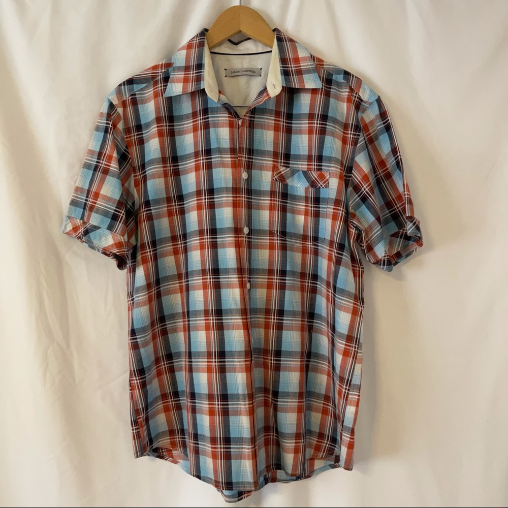 James Campbell Plaid Red, White & Blue Short Sleeve Button-down Shirt